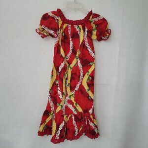 T&L Muumuu Factory Dress Girls 5 Red Hawaiian Maxi Aloha Luau‎ Hula Puff Sleeve